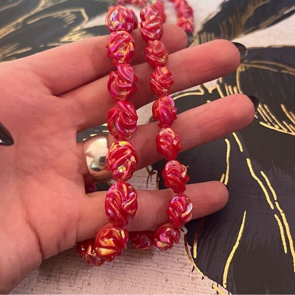 Vintage West Germany Lucite Pink Roses and Aurora Borealis Bead Necklace B3 - Picture 9 of 10